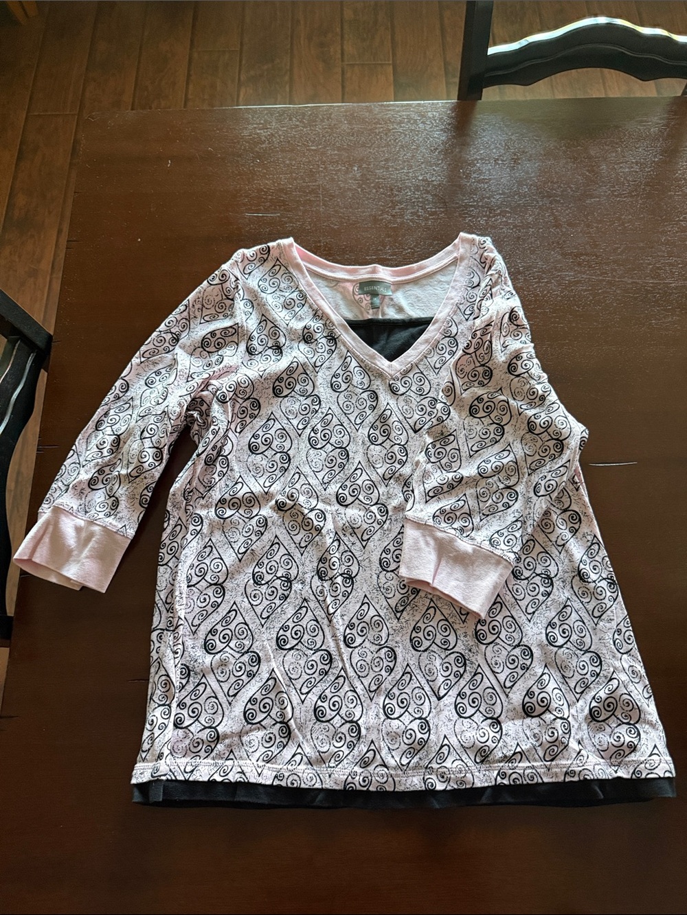 Essentials Pink V-Neck Long Sleeve Top with Black Leaf Swirl Print